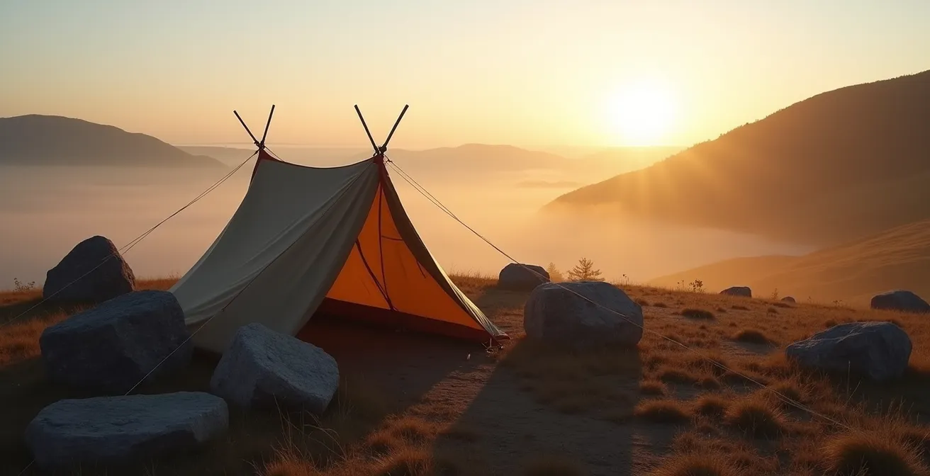 Bivouac minimaliste au lever du soleil sur les plateaux de l'Aubrac