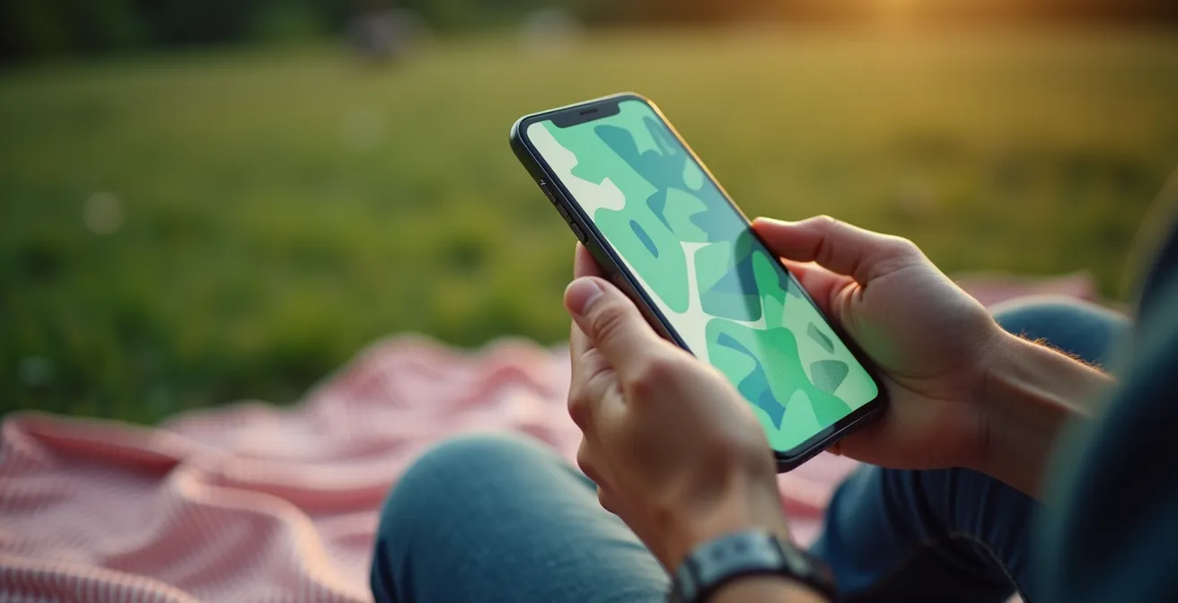 Mains tenant un smartphone montrant une carte avec zones naturelles colorées