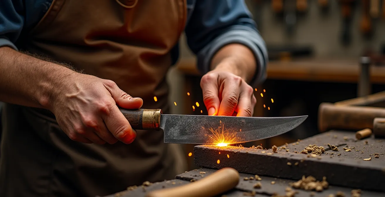 Gros plan sur les mains d'un artisan coutelier de Laguiole travaillant l'acier dans sa forge traditionnelle