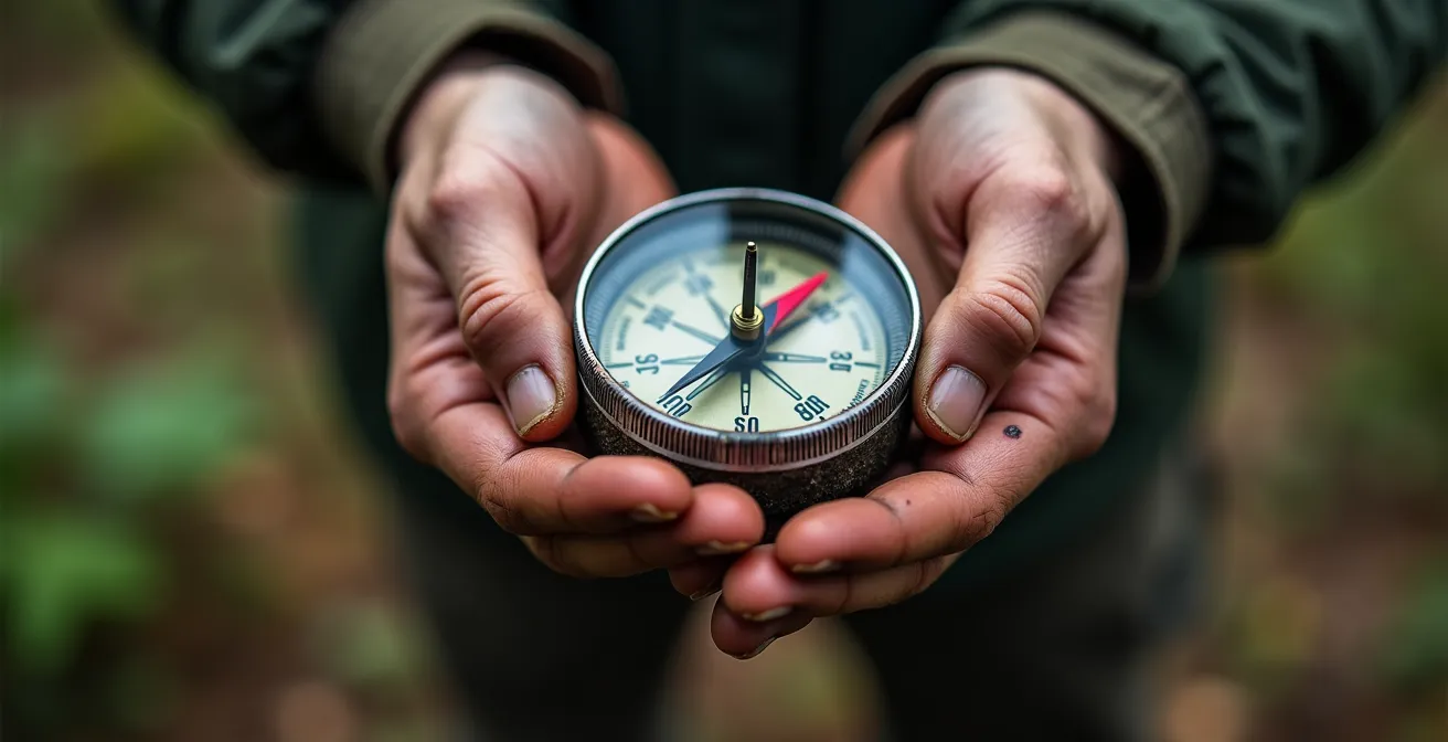 Gros plan macro sur des mains tenant une boussole de course d'orientation avec forêt floue en arrière-plan