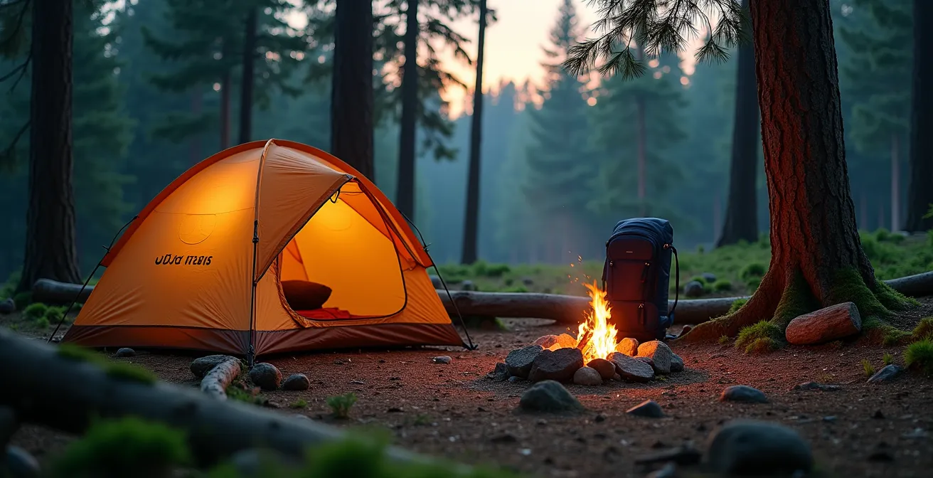 Campement minimaliste avec tente ultralégère dans une clairière forestière au crépuscule