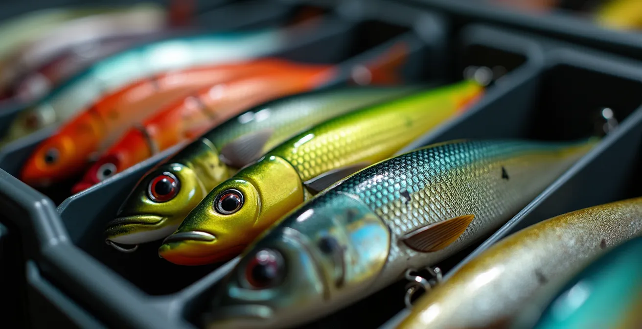 Organisation modulable de gros leurres de pêche dans une boîte compartimentée