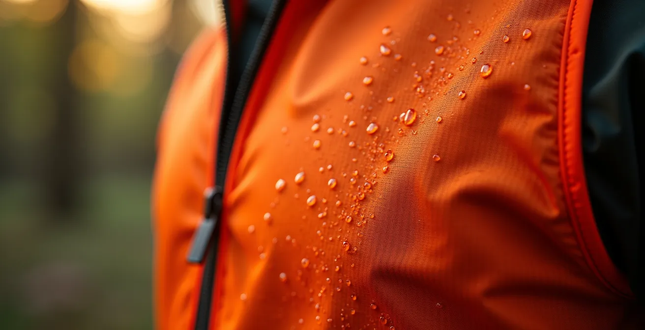 Vue macro des détails techniques d'un vêtement de chasse fluo en situation d'approche