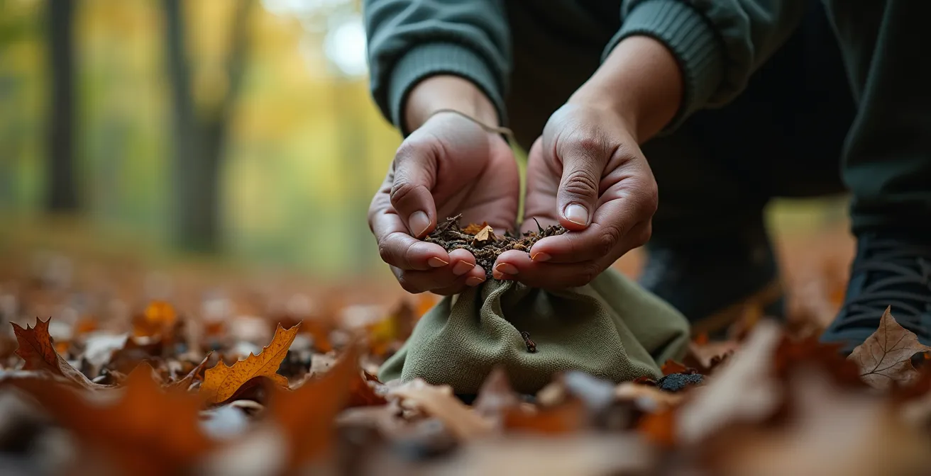 Chasseur ramassant des déchets dans la nature lors d'une action de nettoyage collectif