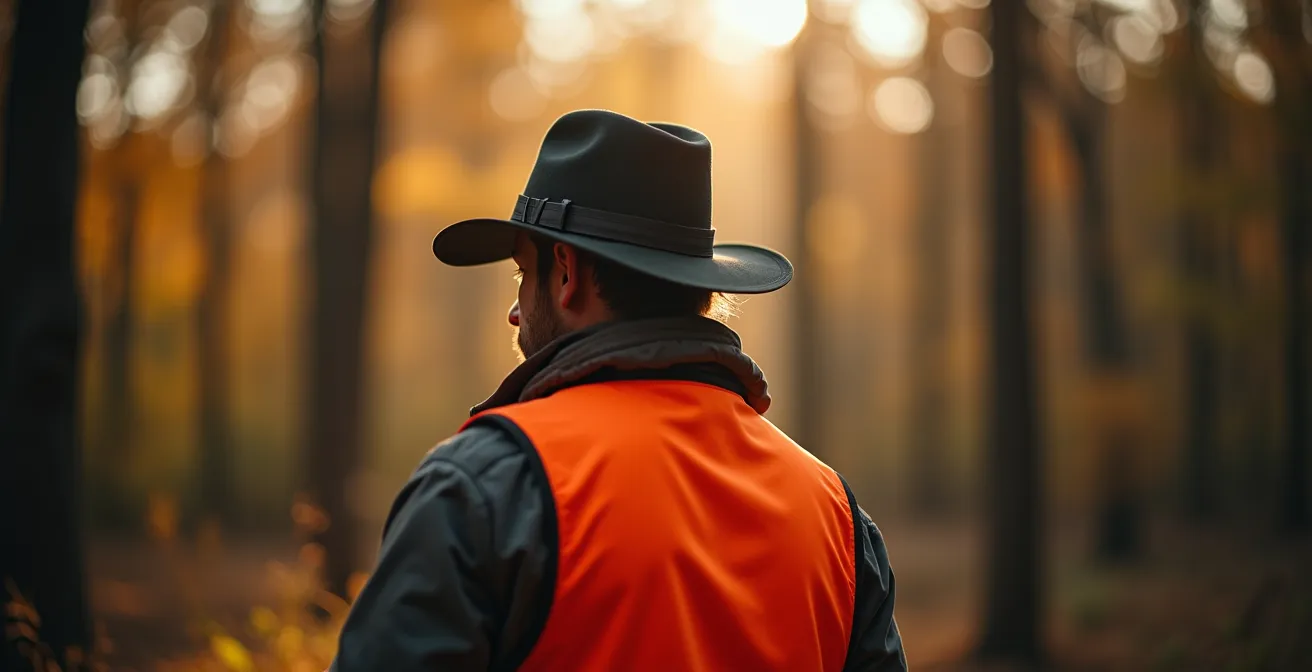 Chasseur avec veste orange fluo et bonnet sombre créant une silhouette fragmentée en forêt
