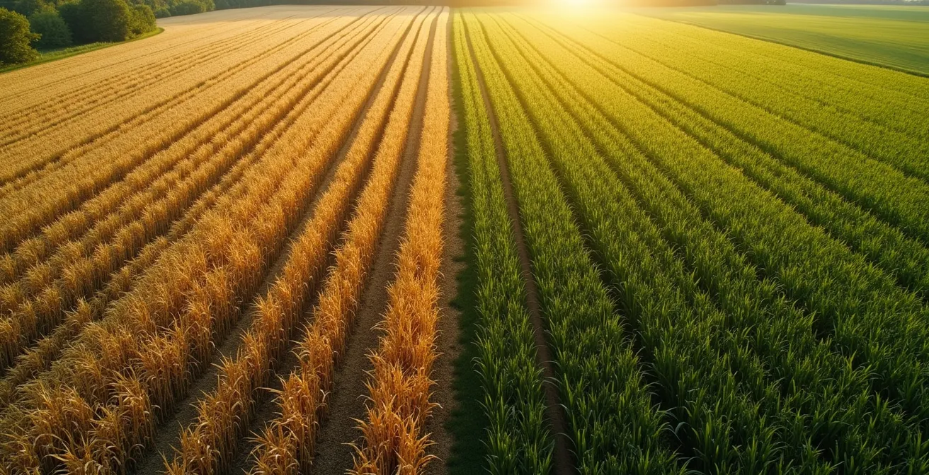 Vue aérienne comparative montrant deux types de dégâts distincts dans un champ de maïs