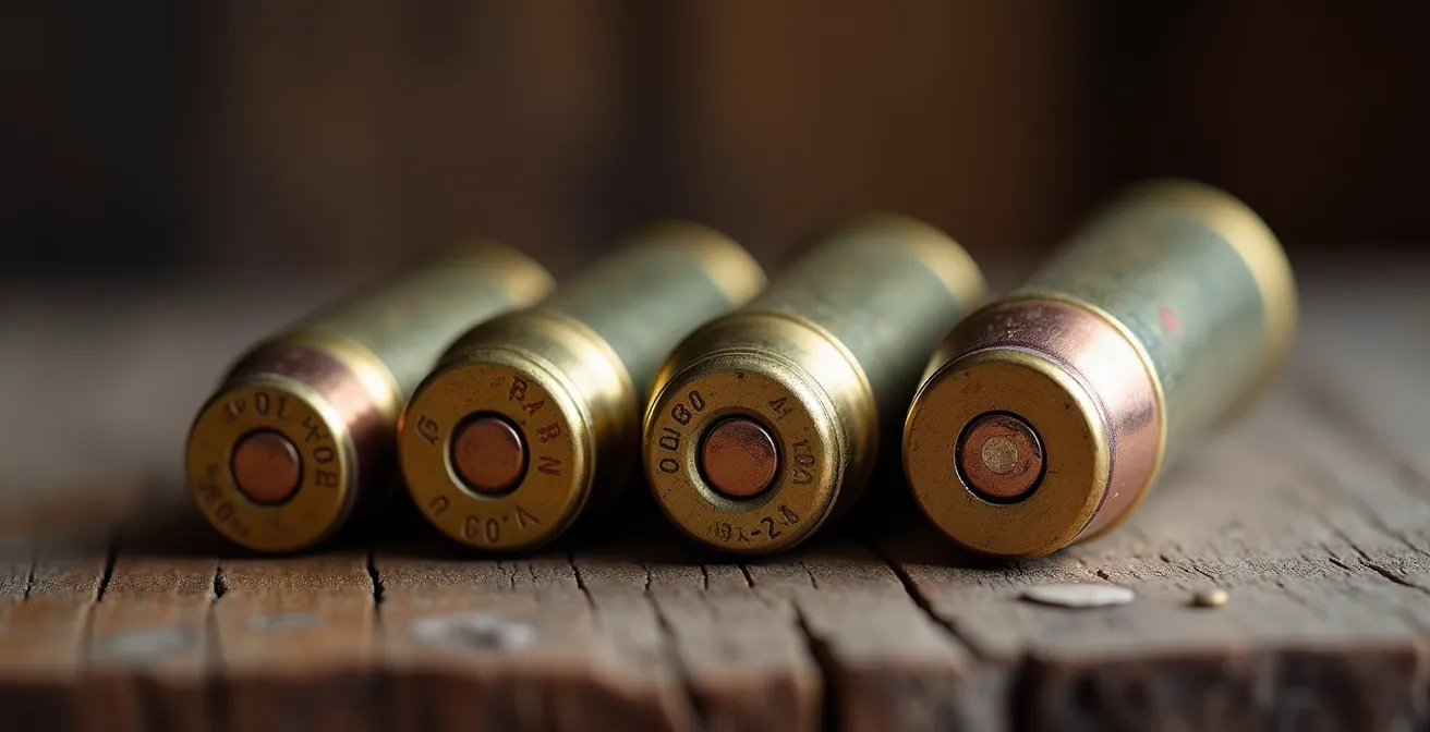 Différentes munitions de calibres polyvalents alignées sur une surface en bois pour comparaison visuelle