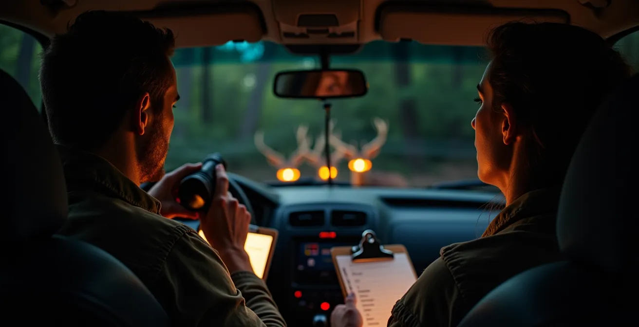 Équipe de comptage nocturne observant la faune avec projecteurs depuis un véhicule