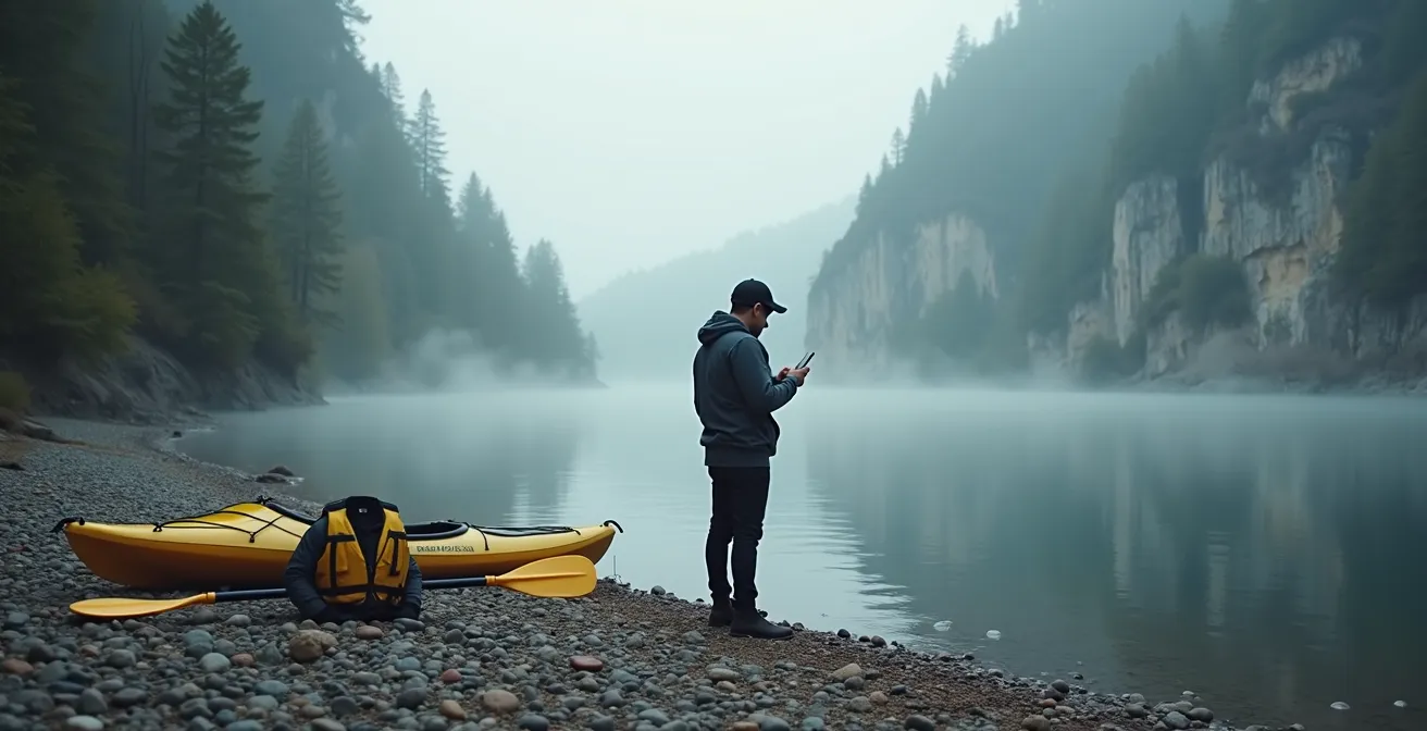 Main tenant un smartphone montrant des données météo, vue de dos sur une plage de galets au bord du Tarn