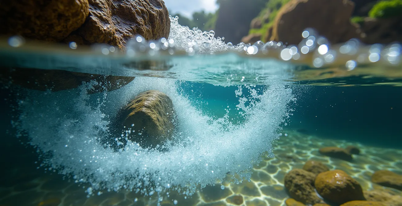 Vue sous-marine montrant le mouvement dangereux de l'eau créant un siphon sous un rocher