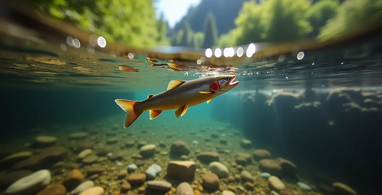 Vue sous-marine d'une mouche artificielle dérivant naturellement dans le courant d'une rivière claire