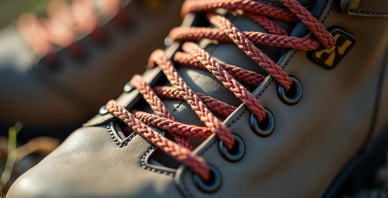 Vue macro d'un système de laçage spécifique sur une chaussure de randonnée