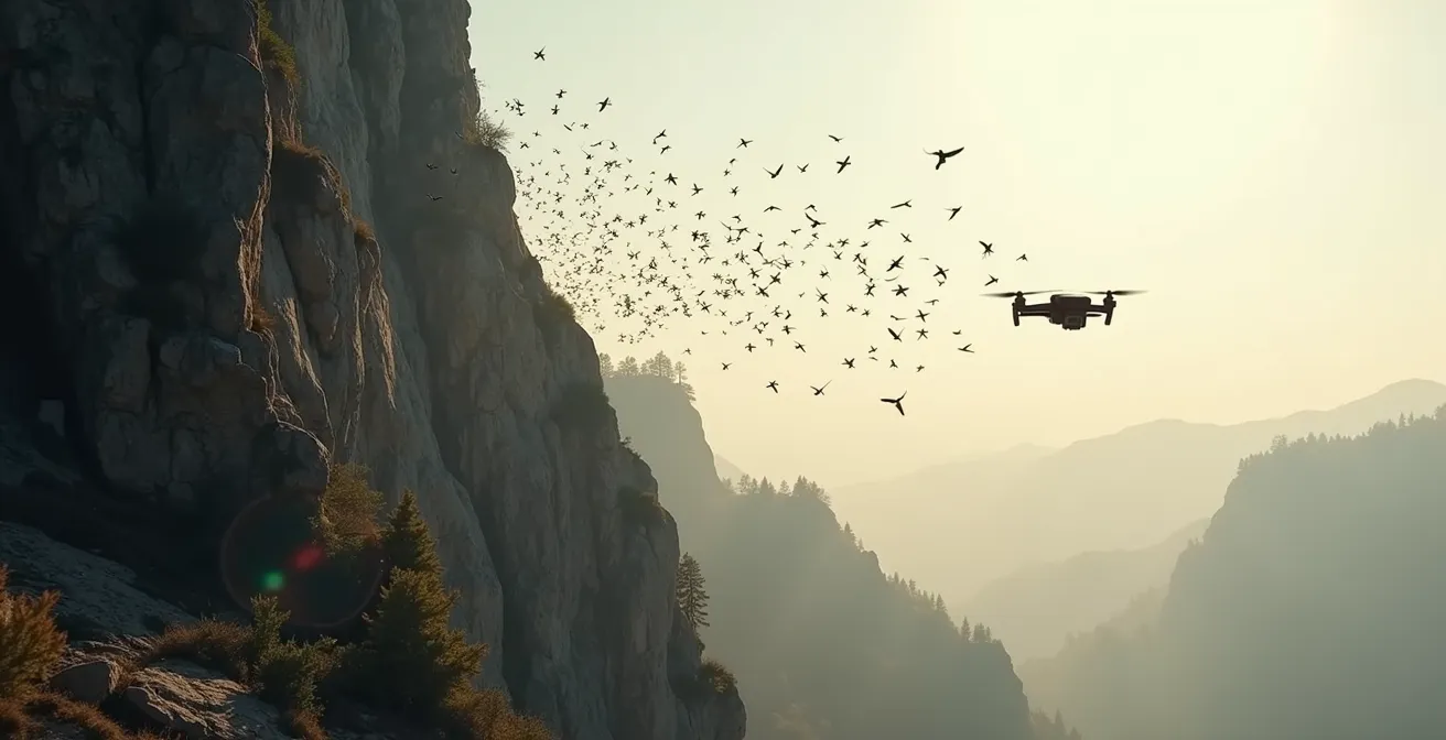 Scène montrant l'effet d'un drone sur des oiseaux en vol dans un environnement naturel