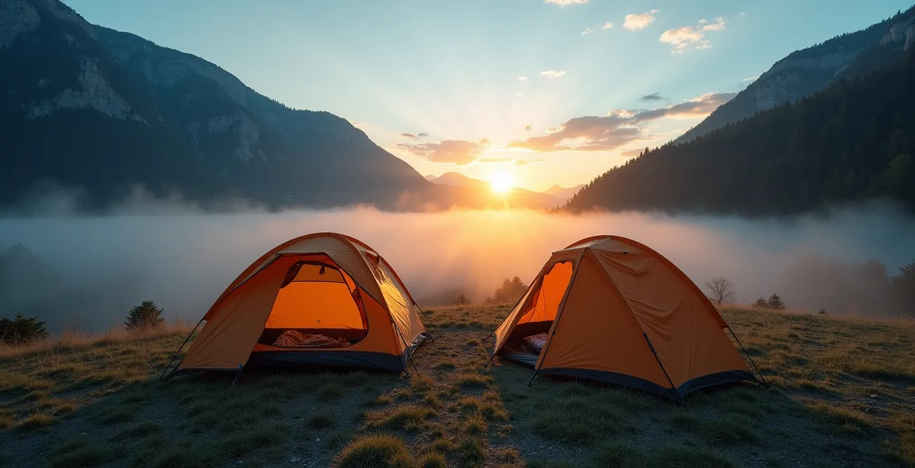 Vue aérienne montrant le positionnement optimal d'une tente sur une légère éminence pour éviter la condensation