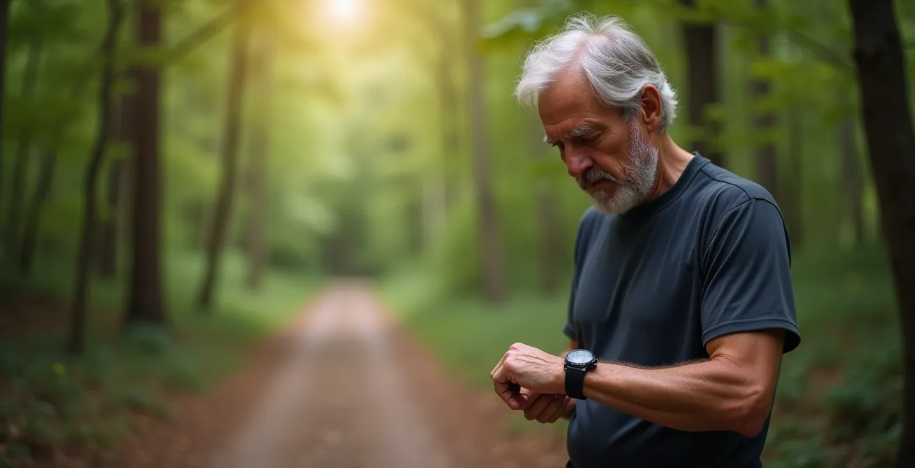 Sportif mesurant sa fréquence cardiaque en forêt lors d'une pause