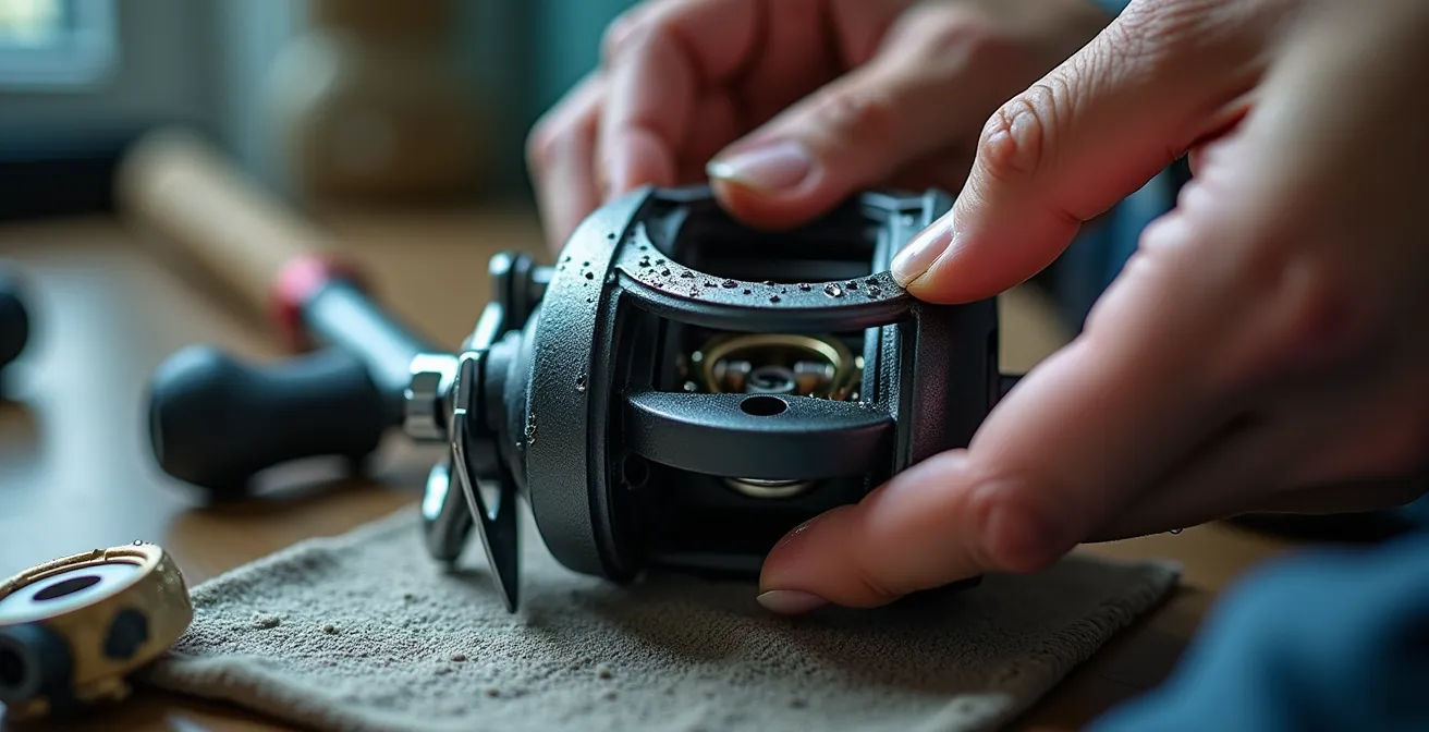 Gros plan sur l'entretien minutieux d'un moulinet de pêche après sortie en mer