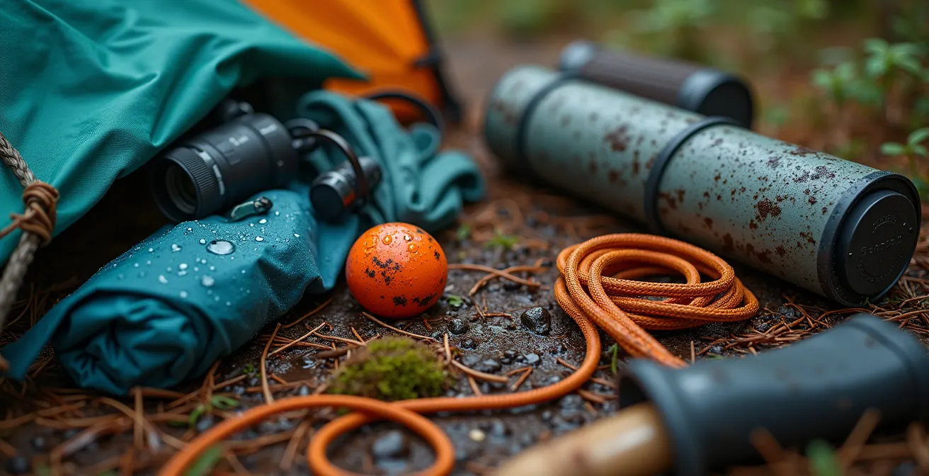 Vue macro détaillée d'équipement de bivouac mouillé et mal rangé sur le sol forestier