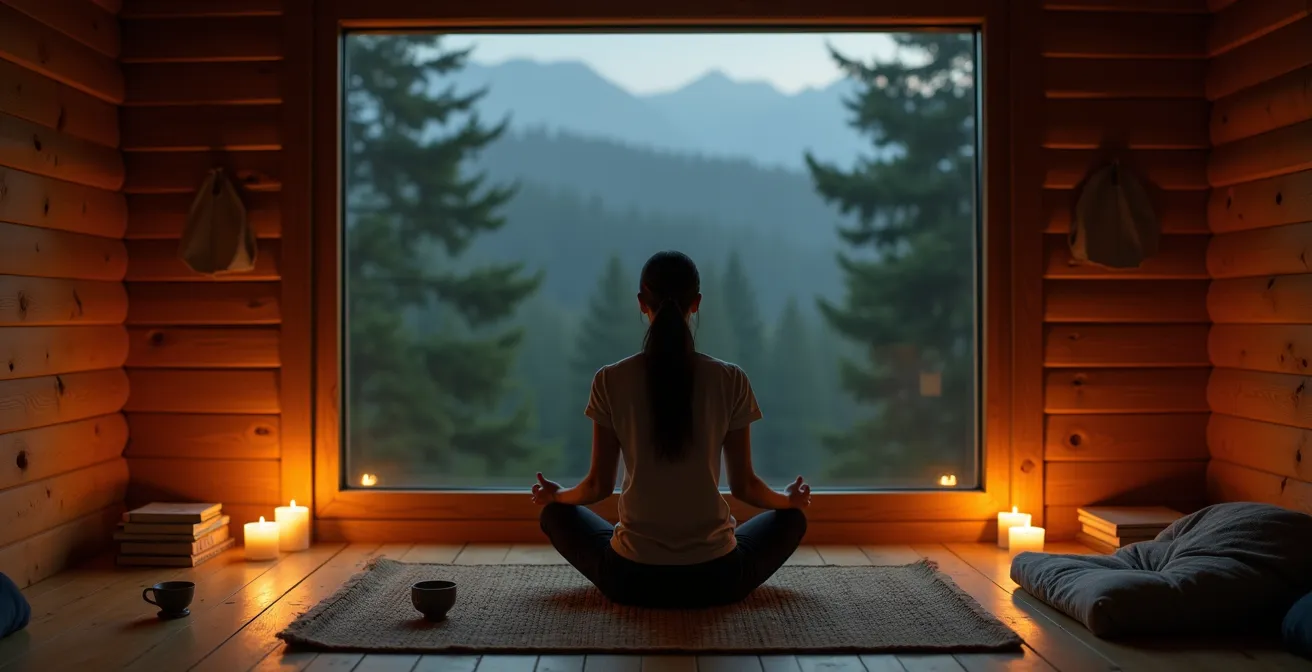 Intérieur minimaliste d'une cabane en bois avec vue sur la forêt, espace de méditation éclairé à la bougie