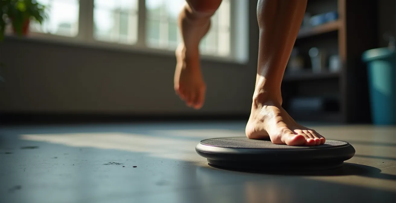 Démonstration d'exercices d'équilibre sur plateau Freeman pour renforcement des chevilles