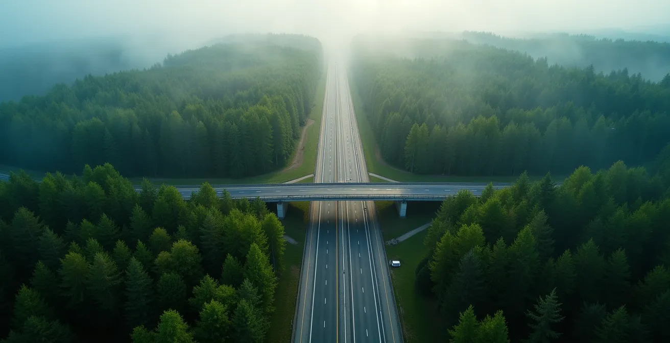Vue aérienne montrant une autoroute coupant une forêt en deux parties isolées