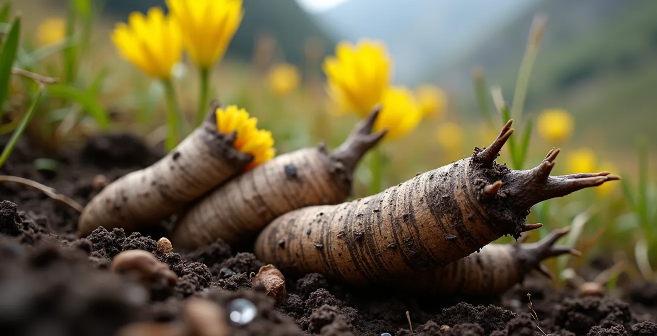 Racines de gentiane jaune dans leur milieu naturel sur le plateau de l'Aubrac