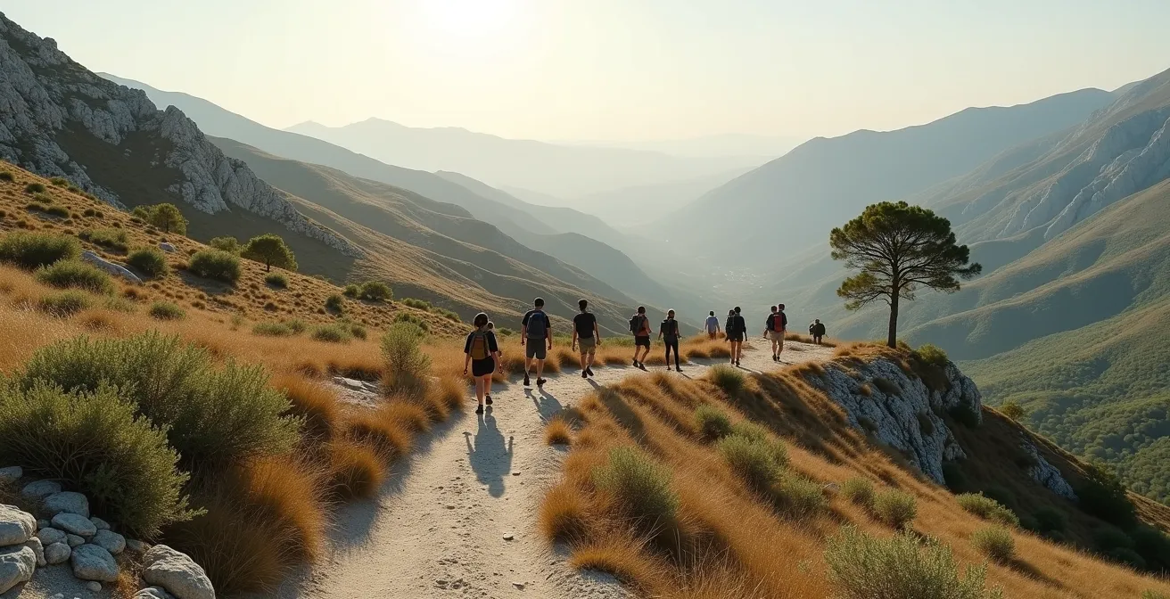Groupe de randonneurs espacés sur un sentier des Causses avec point de regroupement visible