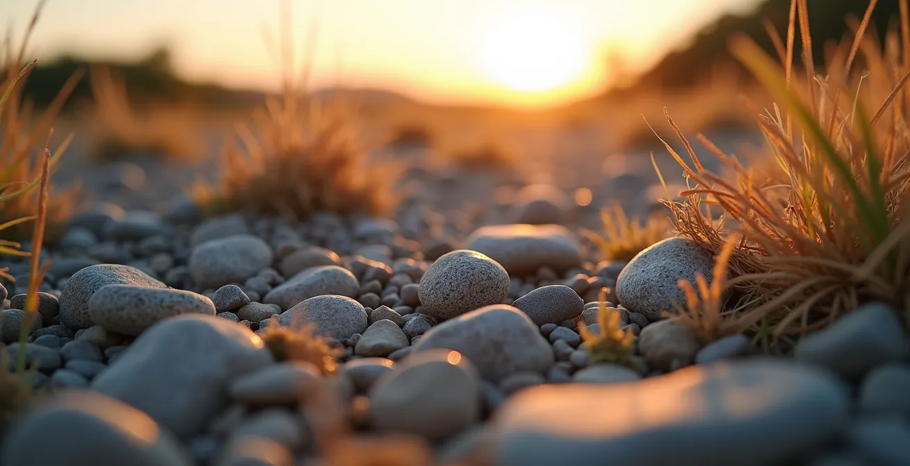 Paysage steppique au crépuscule avec végétation rase et sol caillouteux typique de l'habitat de l'Oedicnème