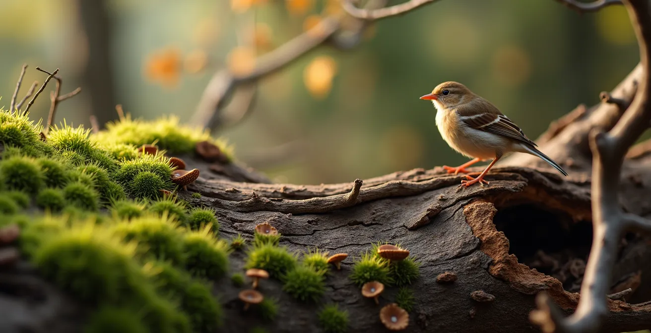 Vue macro d'une haie de Benjes montrant la décomposition du bois et la vie qu'elle abrite