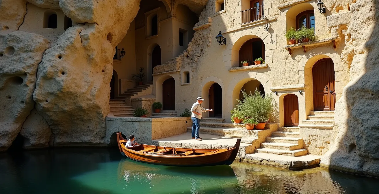 Maisons troglodytes d'Hauterives nichées dans la falaise calcaire au-dessus du Tarn