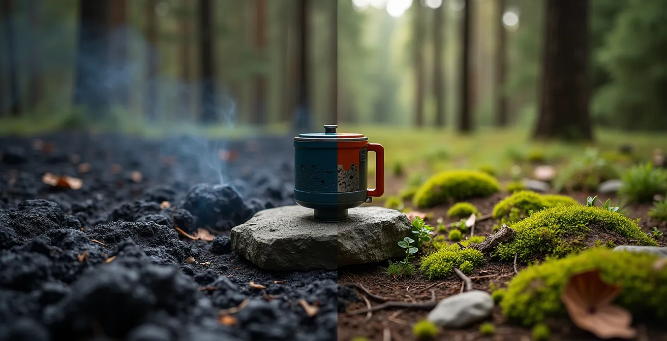 Comparaison visuelle entre sol brûlé stérile et utilisation d'un réchaud portable écologique