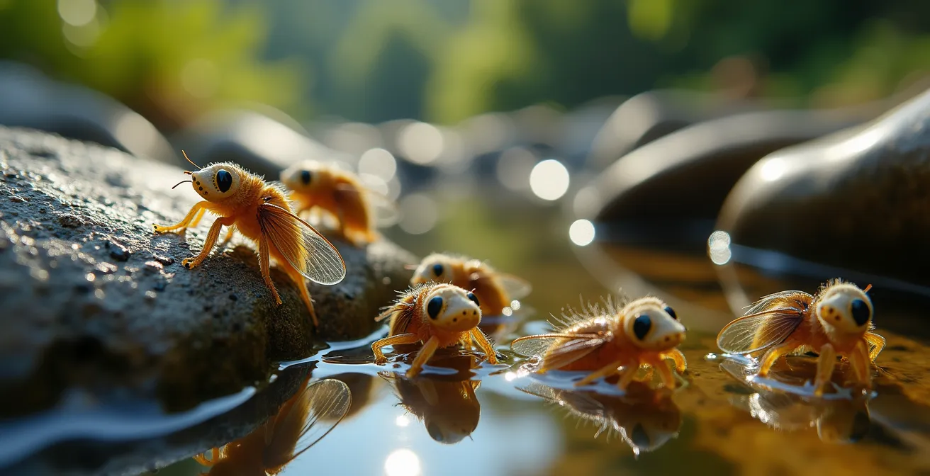 Vue macro de larves d'éphémères et de trichoptères sur des galets immergés