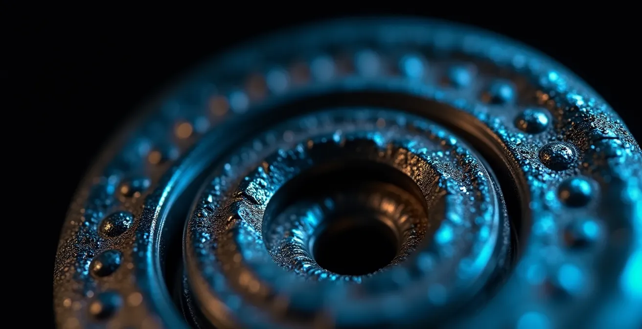 Vue macro de l'intérieur d'un canon montrant les dépôts de cuivre bleutés