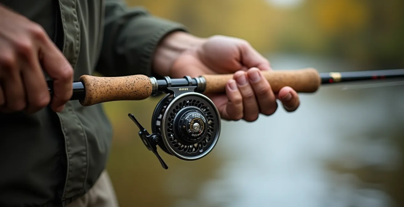 Gros plan sur les mains d'un pêcheur à la mouche montrant la position du poignet lors de l'arrêt du lancer