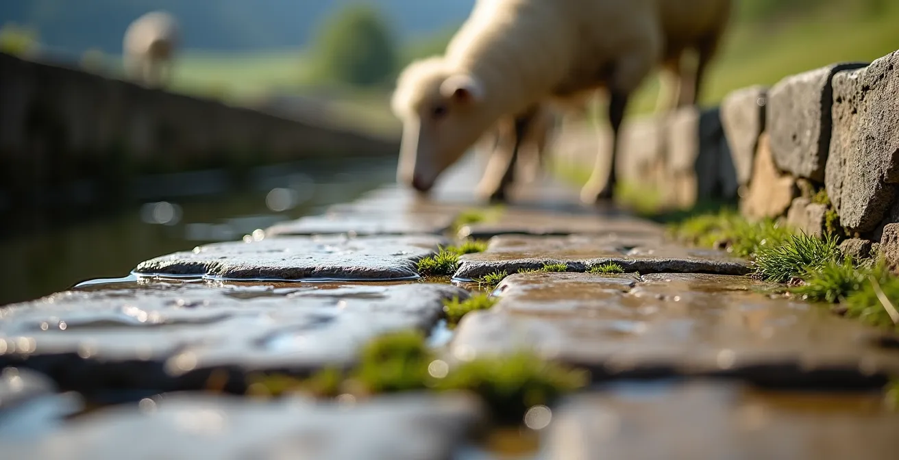 Lavogne traditionnelle pavée avec brebis s'abreuvant sur le Causse