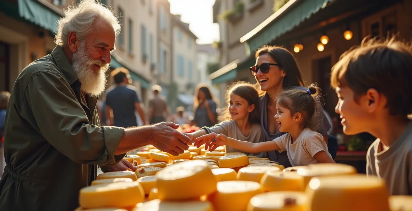 Scène chaleureuse d'un marché de producteurs aveyronnais avec interactions entre habitants et visiteurs