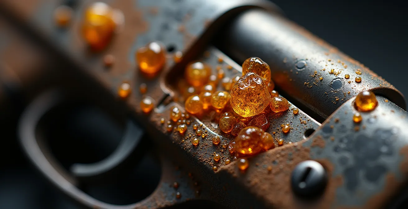 Gros plan macro sur un mécanisme de détente avec résidus d'huile figée