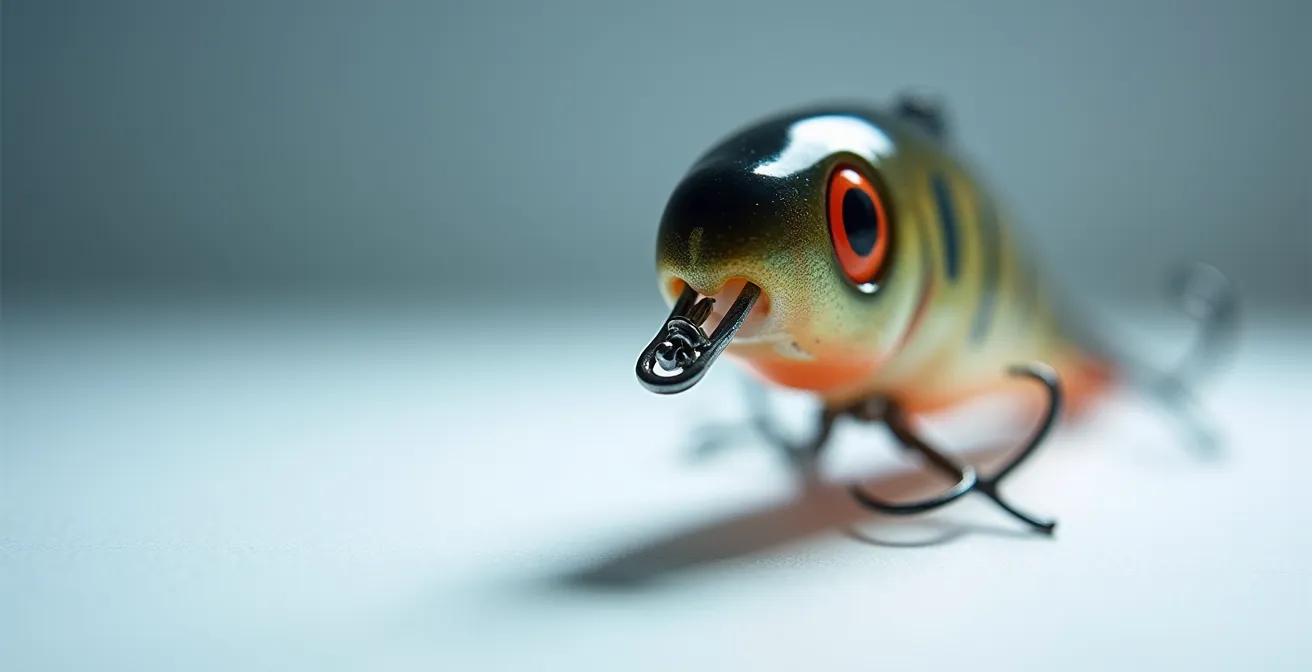 Vue macro du montage correct d'une tête plombée sur leurre souple