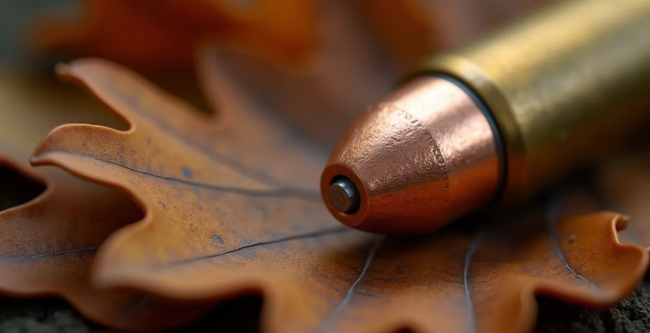 Détail macro d'une munition en cuivre sans plomb sur fond naturel