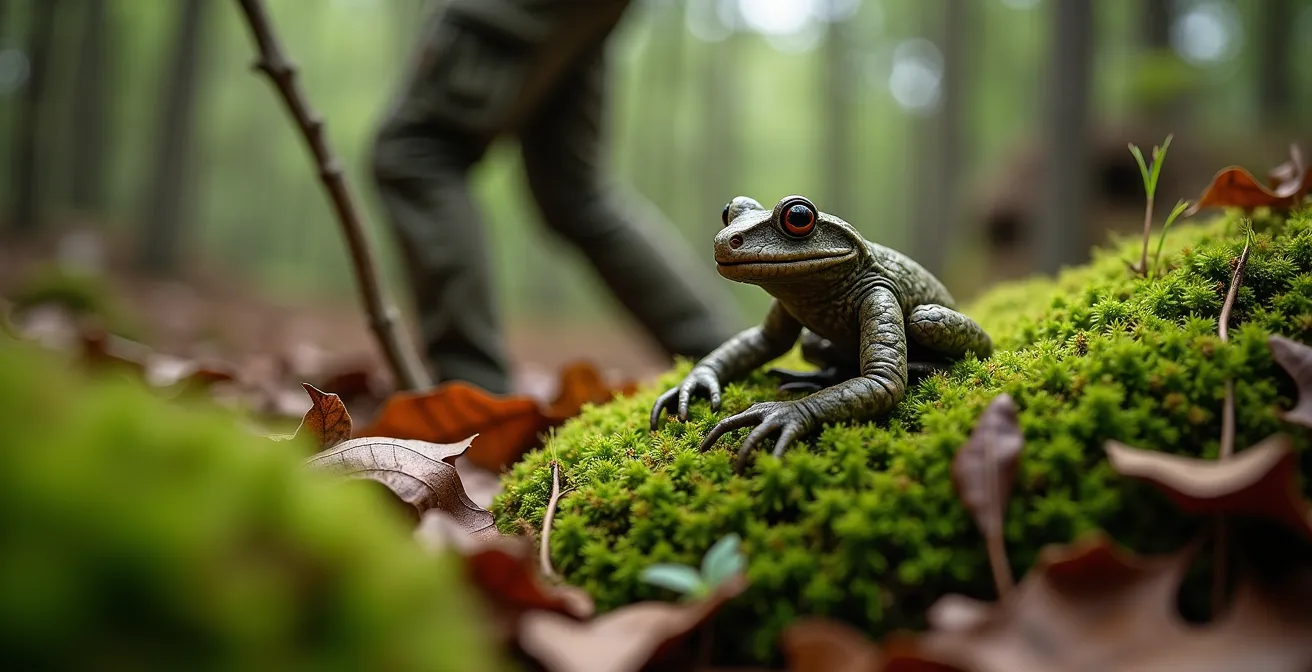 Chasseur immobile intégré dans le paysage forestier comme élément neutre