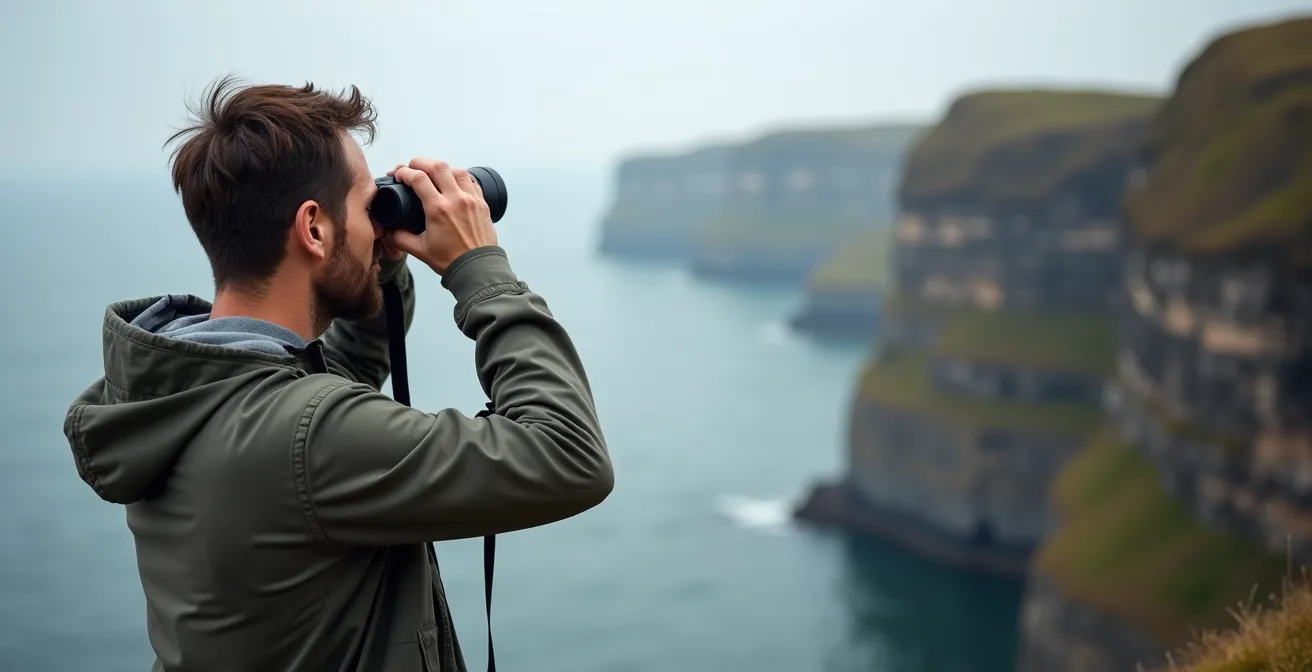 Observateur utilisant des jumelles pour regarder des rapaces depuis un point d'observation éloigné