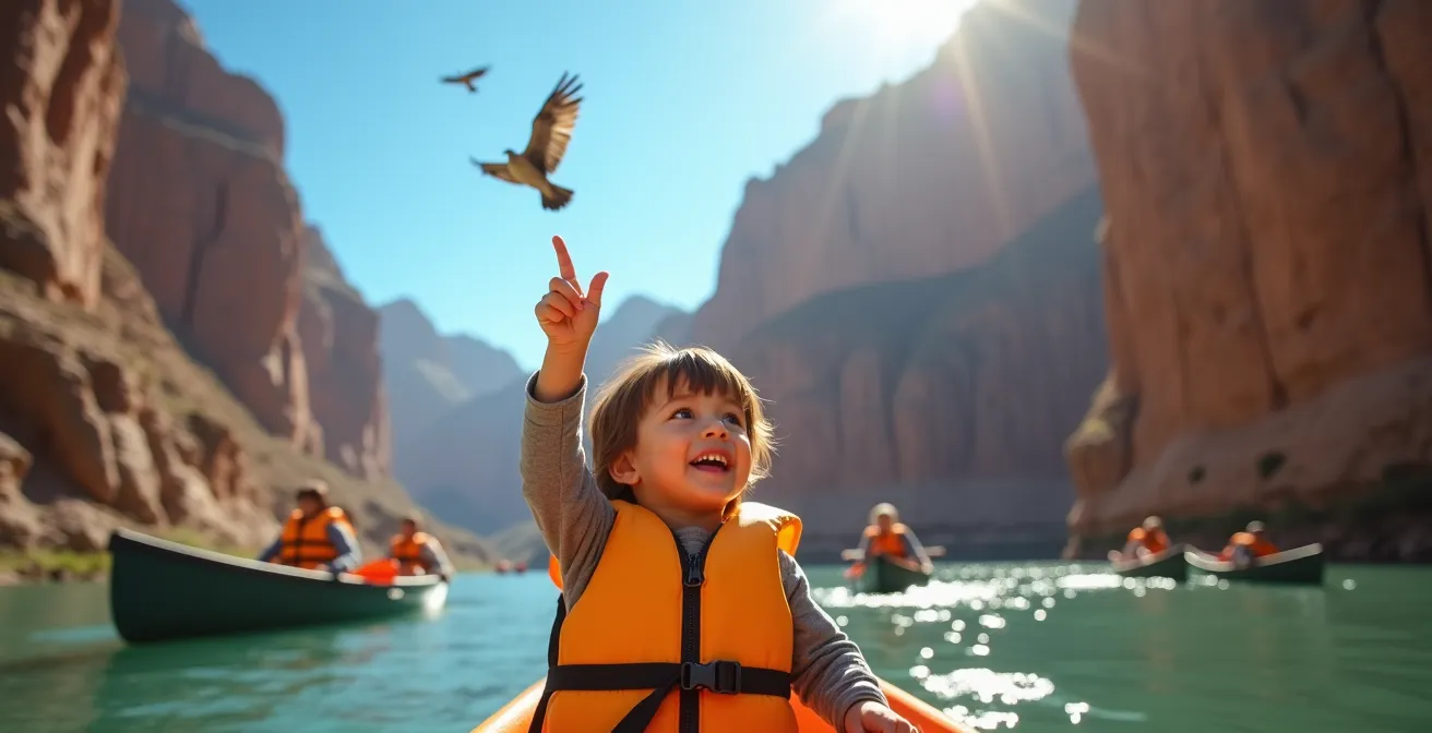 Enfant pointant vers les vautours planant au-dessus des falaises calcaires des Gorges du Tarn