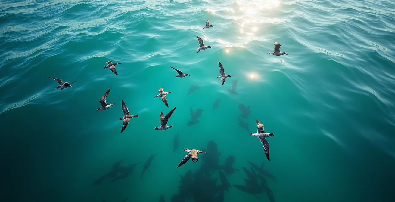 Vue aérienne d'oiseaux marins signalant la présence de bancs de poissons