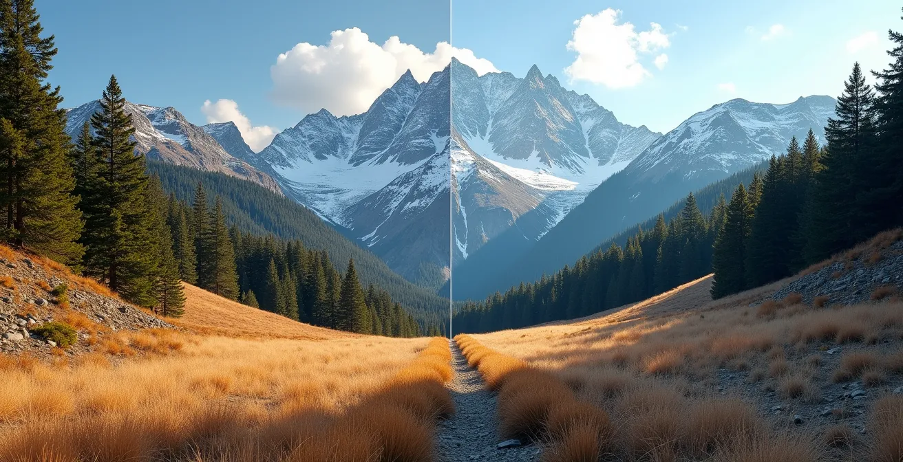 Vue contrastée d'un versant montagneux montrant la différence de végétation entre adret et ubac