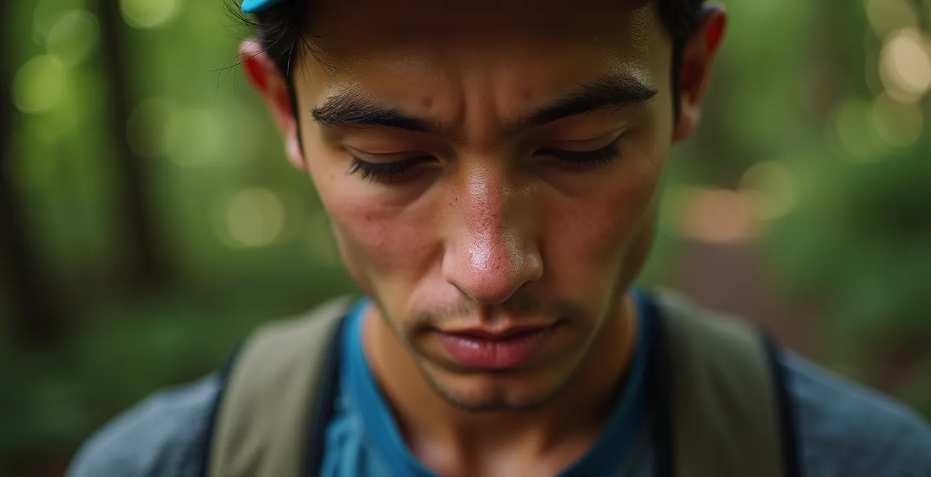 Portrait serré d'un coureur d'orientation concentré regardant sa carte, expression intense