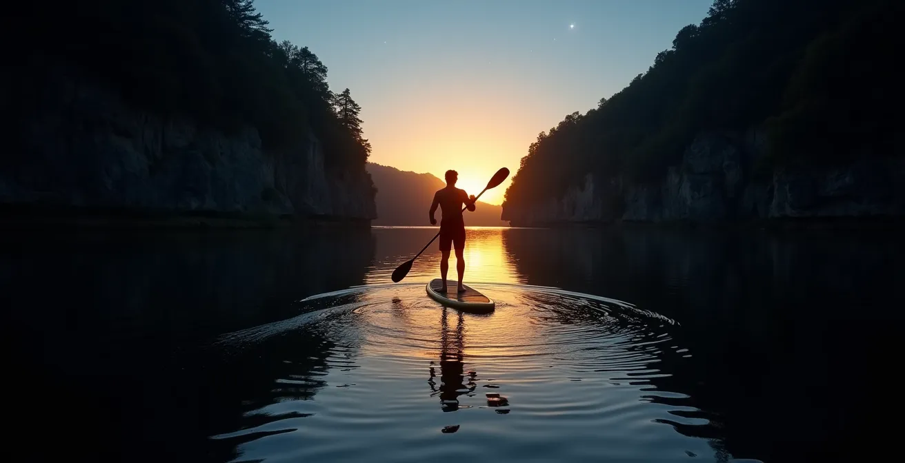 Paddleur solitaire au crépuscule sur les eaux calmes du Tarn avec les falaises en silhouette