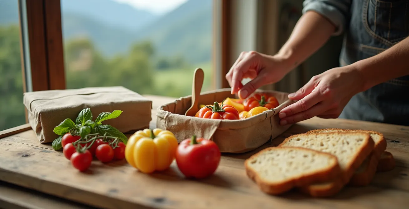 Préparation d'un pique-nique écologique avec contenants réutilisables sur une table en bois