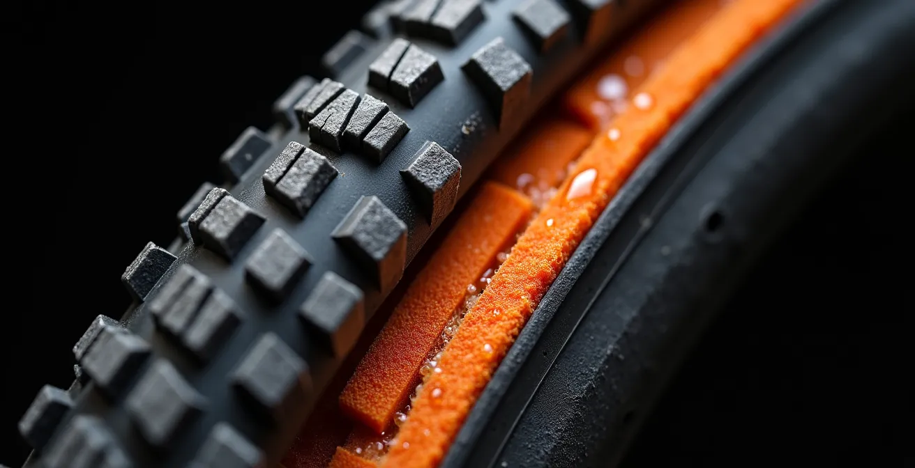 Coupe transversale d'un pneu tubeless avec un insert de protection en mousse pour la jante