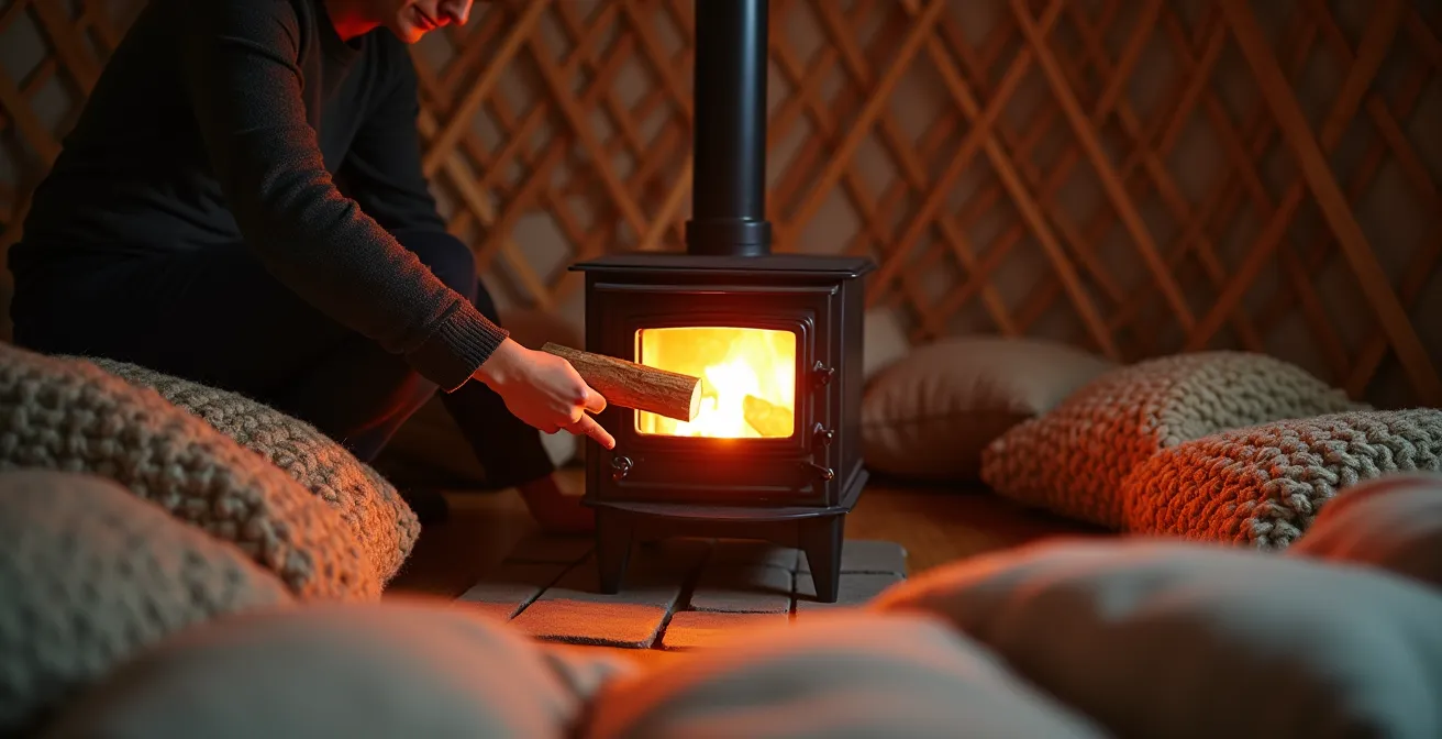 Poêle à bois central dans une yourte avec visualisation du rayonnement thermique circulaire