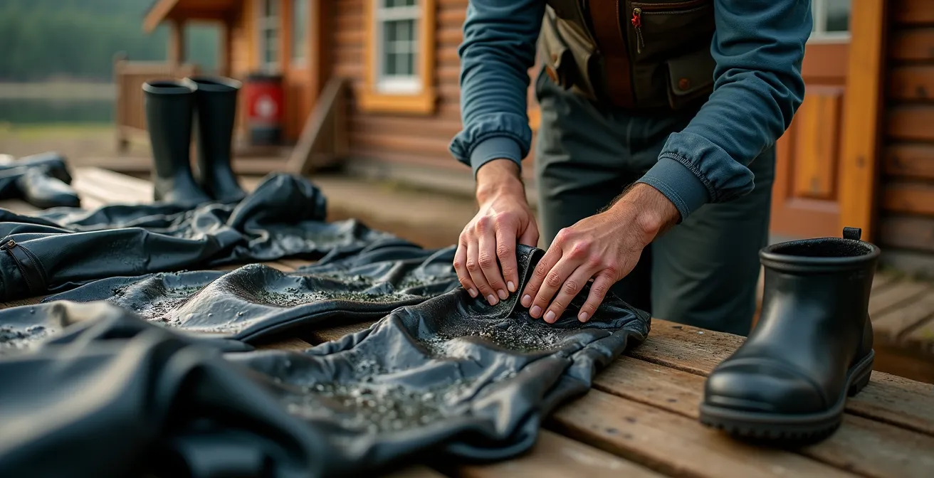 Matériel de pêche en cours de nettoyage et séchage pour prévenir la propagation d'espèces invasives