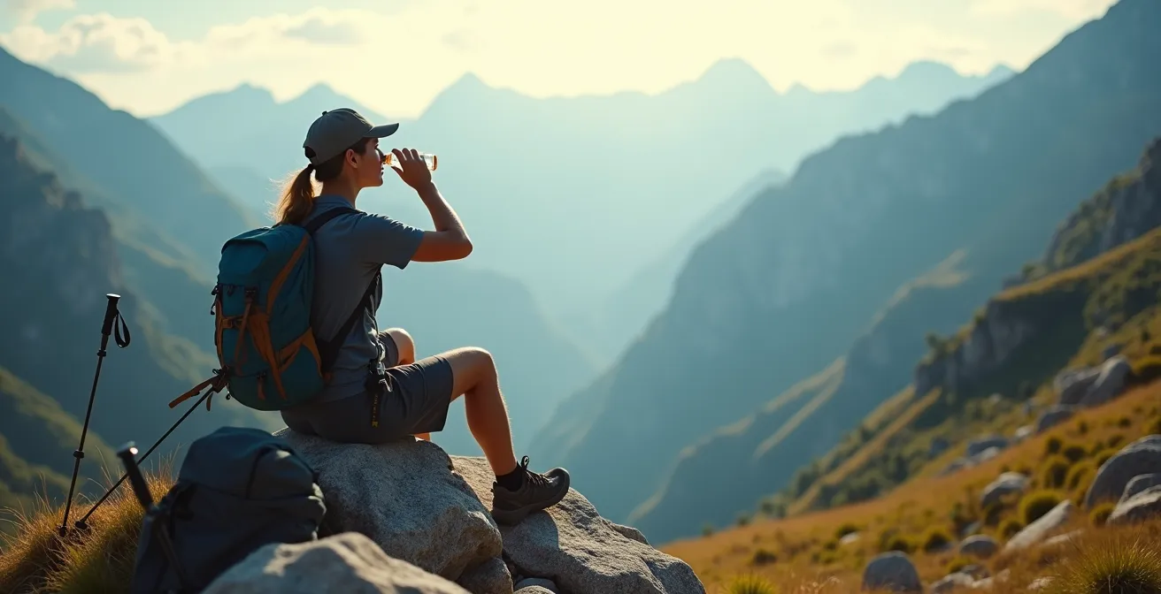 Randonneur assis sur un rocher en pause, contemplant le paysage montagnard